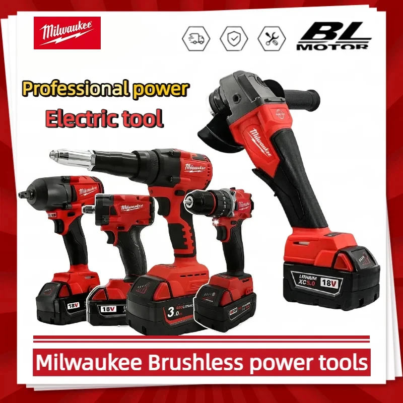 Milwaukee Brushless Cordless Electric Impact Hammer Drill Angle Grinder Electric Circular Saw With18v Battery Combo Kits Power