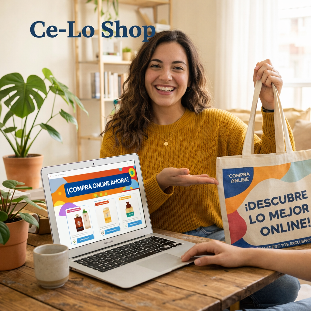 Woman in mustard sweater holding a reusable bag with online shopping promotion text