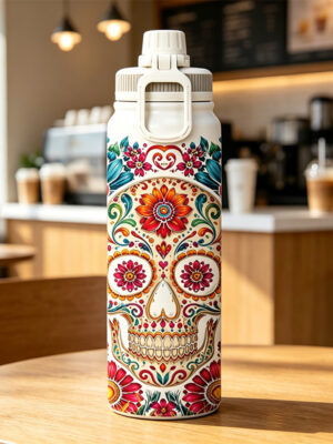Botella Térmica Premium 1000 ml, Diseño Calavera Día de los Muertos, Acero Inoxidable 316 Grado Alimenticio, Doble Pared al Vacío, 24h Frío y 12h Caliente, Anti-Goteo