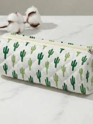1pc, Estuche para lápices con estampado 2D de diseño de cactus, Bolso de papelería de gran capacidad, Tela de acolchado ligera y tamaño portátil | Versátil para uso diario en la escuela/exámenes/dibujo | Tu estilo único