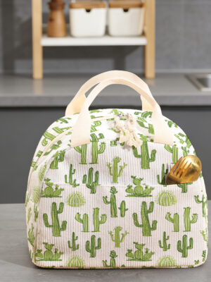 Bolsa de almacenamiento para lonchera de pana con estampado 2D y diseño de cactus verde, sin contacto con alimentos, gran capacidad, bolsa de almacenamiento portátil para lonchera, ideal para estudiantes, empleados de oficina y viajes