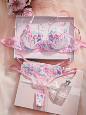 Conjunto de dos piezas para mujer, edición limitada de Navidad para el Día de San Valentín, bordado colorido fluorescente, encaje de flores en círculo ondulado, tela de malla de fibra rosa y pantalones con múltiples cinturillas, conjunto de sujetador y ropa interior