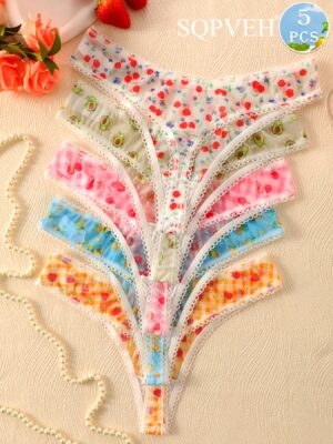 Conjunto de 5 bragas de San Valentín para mujer con estampados de frutas, ligeras, transpirables y cómodas
