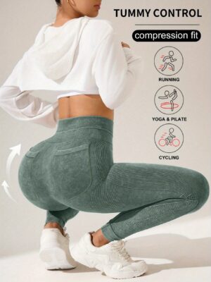 Pantalones ajustados tipo S sin costuras de color liso con tela suave y diseño de bolsillo único, que facilita llevar teléfonos móviles y otros artículos. Es la mejor opción para entusiastas de S.