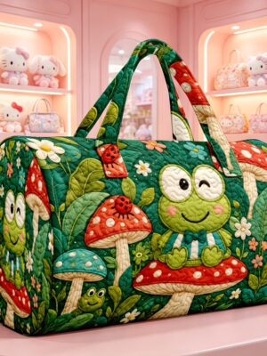 Bolso de mano acolchado de 1 pieza con estampado de Keroppi y champiñones, apto para mujer, bonito bolso de viaje cilíndrico con estampado de rana y champiñón, mochila lavable a máquina para regalos temáticos de Pochi Keroppi