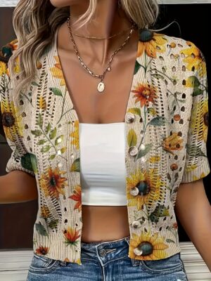 Cardigán de Crochet Elegante para Mujer con Estampado de Girasoles y Flores - Top Semi-Transparente de Cuello en V y Manga Corta con Botones, Prenda Ligera para Primavera Verano Otoño, Ideal para Looks Casuales o Formales, Tejido Delicado