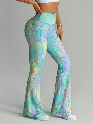 Leggings de yoga de tiro alto para mujer con control de abdomen y efecto levantacola, tipo campana y pierna estrecha - Estampado de leopardo degradado, suaves y elásticos para entrenamiento, adecuados para gimnasio, correr, atuendo casual, pantalones tipo campana no transparentes con bolsillos para
