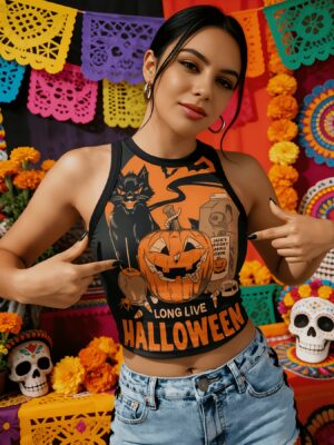 Camiseta de tirantes corta de moda para mujer, , con estampado de calabaza y gato de Halloween