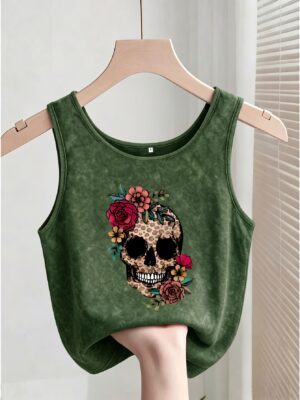 Chaleco para mujer con estampado de calavera estilo gótico, top casual de verano transpirable de estilo oscuro urbano, lavable a máquina, tela suave, estilo urbano, artículo versátil, esencial para entusiastas de la moda.