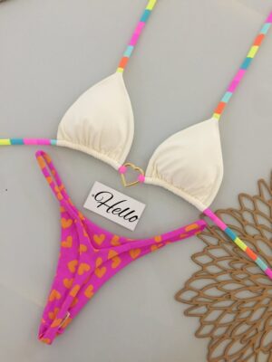 Bikini de 2 piezas para mujer - Parte de arriba triangular sin espalda y parte de abajo tipo tanga con estampado de corazones, traje de baño de cobertura total sin abertura con cierre de cordón, adecuado para playa, piscina, fiestas en la piscina - Traje de baño de primavera/verano