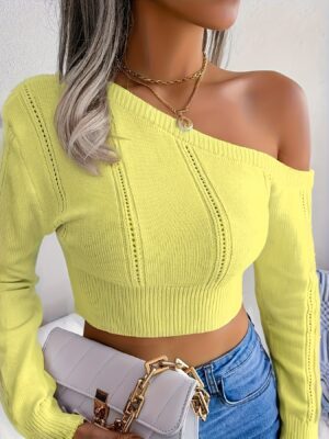 Un suéter cálido de color sólido, con hombros descubiertos y hombros inclinados para un look sexy, un suéter elegante ajustado de manga larga que se puede usar todo el año