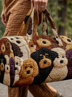 1 ud. Bolso Duffel Acolchado Adorable de Cachorros de Múltiples Razas, Bolso de Viaje Cilíndrico de Gran Capacidad con Asas, Diseño de Perro Esponjoso Blanco Marrón Negro, Estilo Semanal de Noche Cálido y Lindo para Amantes de los Perros, Mujeres, Regalo de Halloween, Acción de Gracias, Navidad