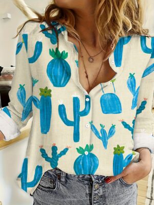 Camisa de manga larga con cuello estampada para mujer, moda femenina