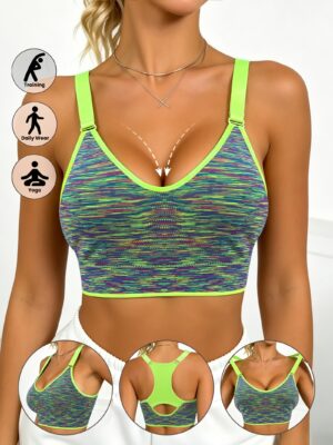 Sujetador deportivo sin costuras para mujer JOINBUY, top deportivo protector casual para correr, escote en V con tirantes de hombro ajustables y diseño de color de contraste - Sujetador tipo camiseta sin tirantes sin aros y sin espalda con acolchado extraíble y ajuste envolvente, esencial