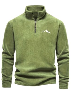 Chaqueta de forro polar grueso para hombre, con cremallera de 1/4, estilo otoño e invierno, con cuello alto pequeño y bordado de montaña