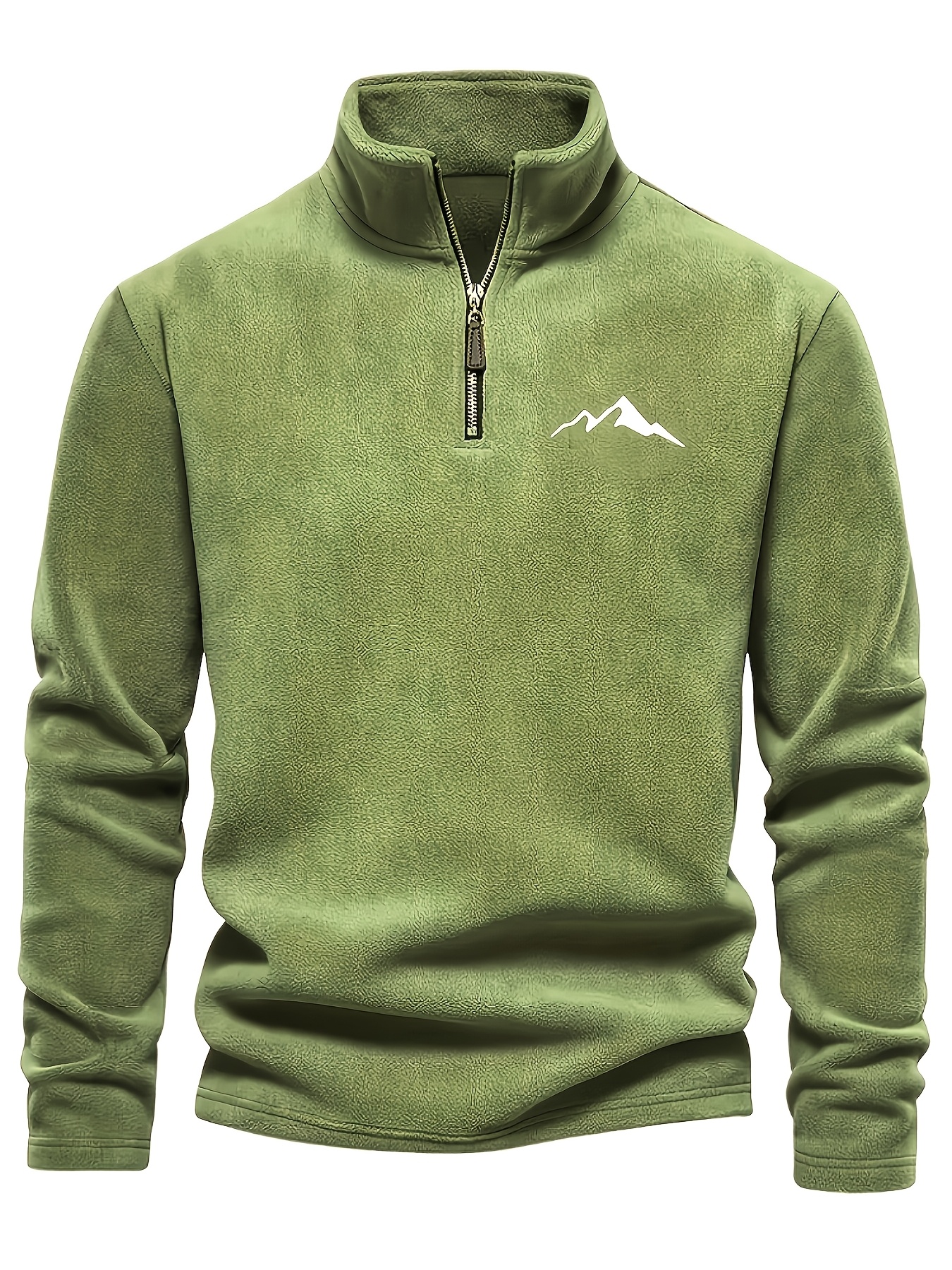 Chaqueta de forro polar grueso para hombre, con cremallera de 1/4, estilo otoño e invierno, con cuello alto pequeño y bordado de montaña