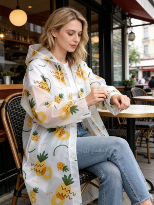 1pc Impermeable Semitransparente con Estampado de Piña Larga para Mujer Adulta con Capucha, Capa de Lluvia de Un Solo Piel para Todo el Cuerpo Anti-Tormenta, EVA Engrosado Resistente al Desgaste Ligero, Chaqueta Portátil Versátil para Viajes, Conducción al Aire Libre