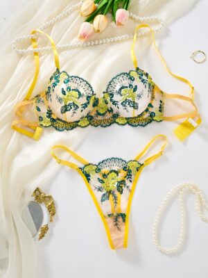 Conjunto de lencería para mujer con bordado floral colorido, incluye sujetador con aros transparente y tanga ajustable, soporte medio sin relleno, conjunto de sujetador y braguita transpirable de uso diario, adecuado para citas, fiestas y regalos