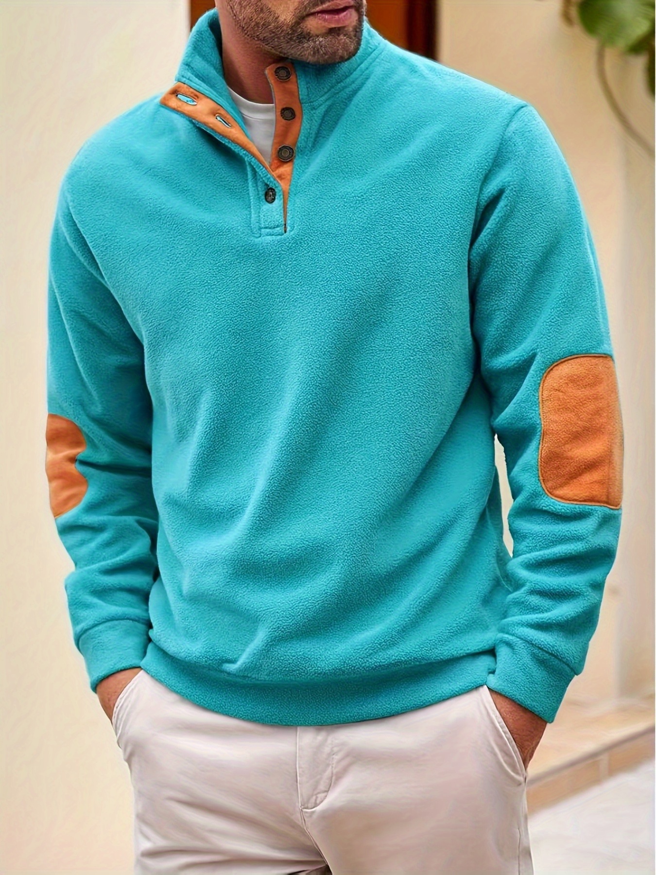 Chaqueta sudadera KJ-W026 de cuello alto con botones y mangas de bloques de color, ropa de abrigo casual de otoño/invierno para hombre de talla grande, sudadera de moda