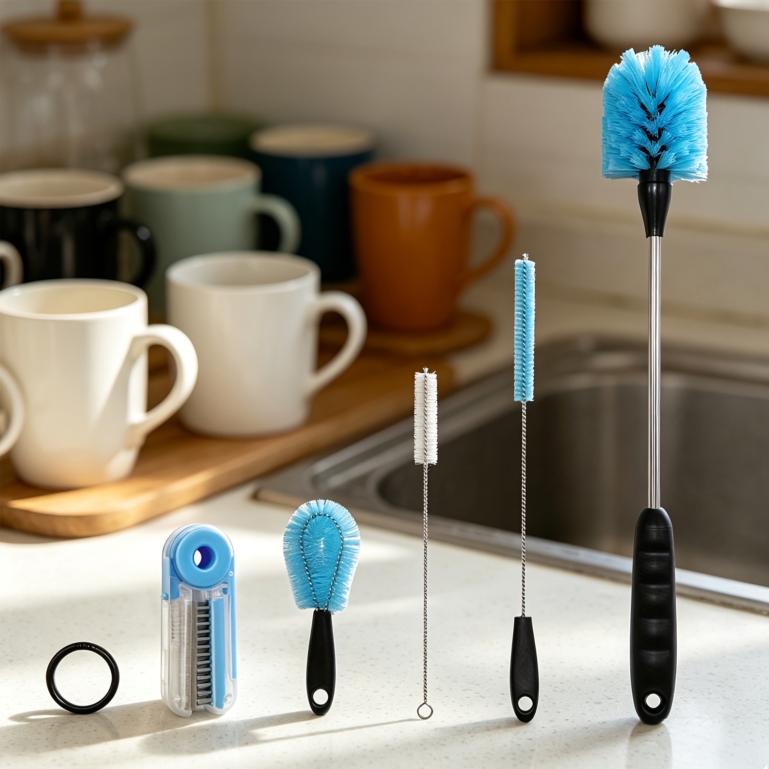Juego de cepillos de limpieza de vasos mejorados de 6 piezas, juego de cepillos para botellas de agua cuatro en uno, cepillo para botellas de agua de mango largo para limpiar y lavar, adecuado para limpiar botellas de agua de cuello estrecho, botellas de agua deportivas, tazas de café, tazas de vidrio, termos, etc.