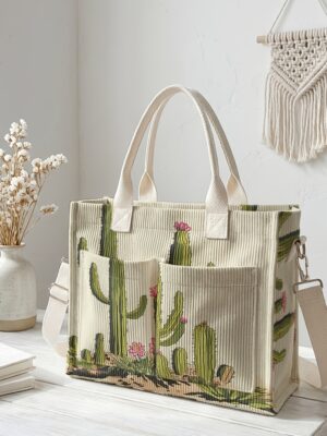 1 pieza, Bolso bandolera para mujer, Estampado floral de cactus 2D, Pana con múltiples bolsillos, Bolso de doble uso de mano/bandolera | Esencial para desplazamientos diarios/salidas de compras/estudiantes/trabajadores/entusiastas del estilo | Tu estilo personal único
