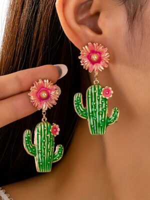 Un Par de Aretes Únicos, Atrevidos y Vibrantes de Flor de Cactus con Diseño Divertido de Esmalte Colorido, Estilo Vacacional que Llama la Atención