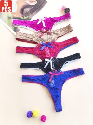 Juego de 5 tangas de encaje para mujer, transpirables, a la moda, suaves, ajustadas, sin costuras y cómodas, con ribete de color de contraste