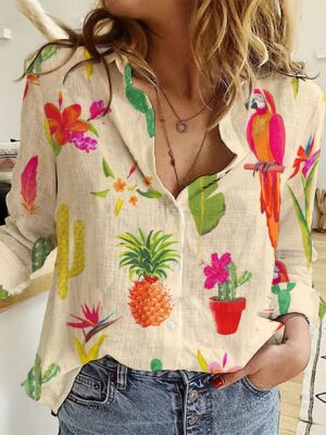 Elegante camisa de moda para mujer con un solo botón y estampados de loros, piñas, cactus y plumas