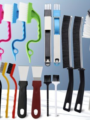 Un juego de 15 cepillos de limpieza, que incluye un cepillo para ranuras de puertas de refrigerador, un cepillo para tazas, un cepillo para limpiar la suciedad, un cepillo para limpiar teclados y un pequeño raspador. Adecuado para limpiar estufas de gas de cocina, tazas de té, batidores y ranuras de ventanas.