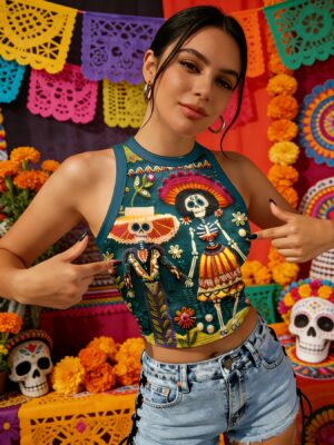 Top de camiseta de moda para mujer, corto y sexy, con diseño de calavera de dulces de Halloween y flores