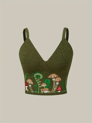 Elegante chaleco de tirantes con estampado de champiñones para primavera/verano, moderno suéter tipo top bordado de ajuste entallado para mujer