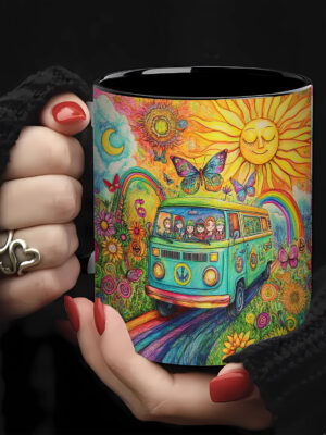 1 Taza de Café Cerámica Estilo Hippie Retro - Diseño Impreso en Ambos Lados con Sol, Luna y Flores Vibrantes - Regalo Creativo para Cumpleaños, Pascua, San Valentín, Accesorios para Cafetería