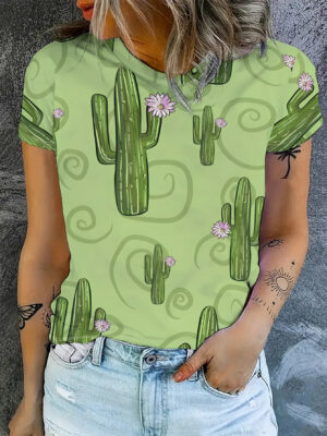 Camiseta de manga corta para mujer con estampado de cactus - Blusa casual opaca de cuello redondo con cactus, lavable a máquina, adecuada para primavera/otoño, atuendos diarios, caminar, regalo del Día de la Madre y San Valentín (no transparente)