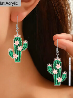 Pendientes acrílicos 2D planos de cactus floral floreciente y bonito, joyería para mujer estilo de dibujos animados de cactus, joyería de moda para mujer bellamente diseñada, pendientes exquisitos para fiesta y uso diario casual, joyería ligera para mujer, regalos perfectos para el festival del